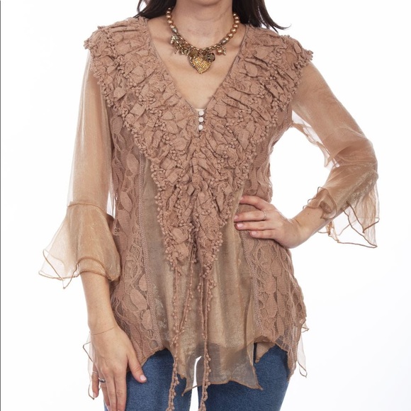 Scully Honey Creek Natural Crochet Lace Top Size S - Picture 10 of 12